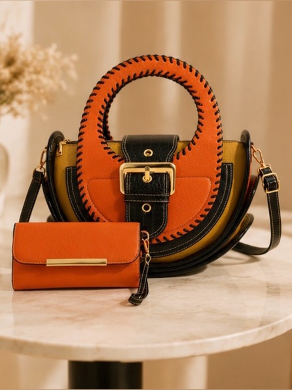 Colorblock Oversized Top Handle Satchel Bag with Matching Wallet | Statement
